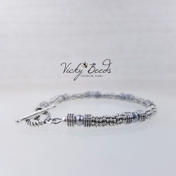 Ladies silver & Gun Metal Beaded Gemstone Bracelet - Picture 5 of 7